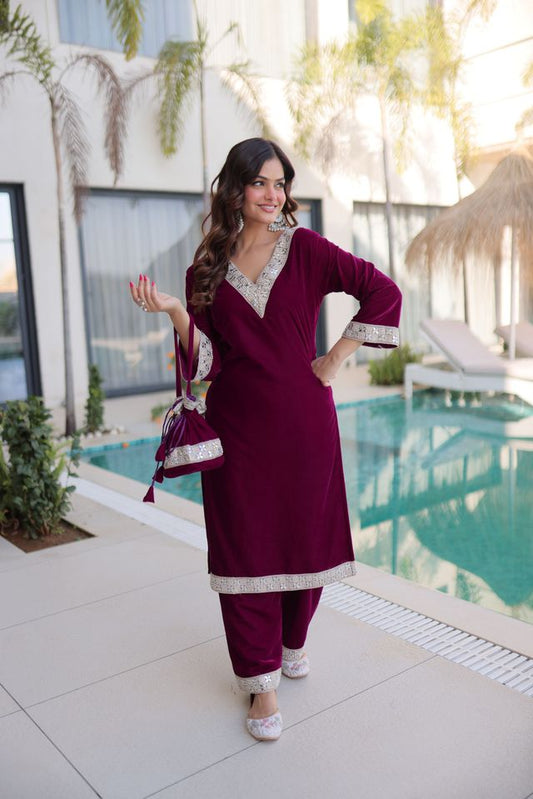 Wine Color Geaceful Festive Special Velvet Fabric Readymade Suit With Batwa