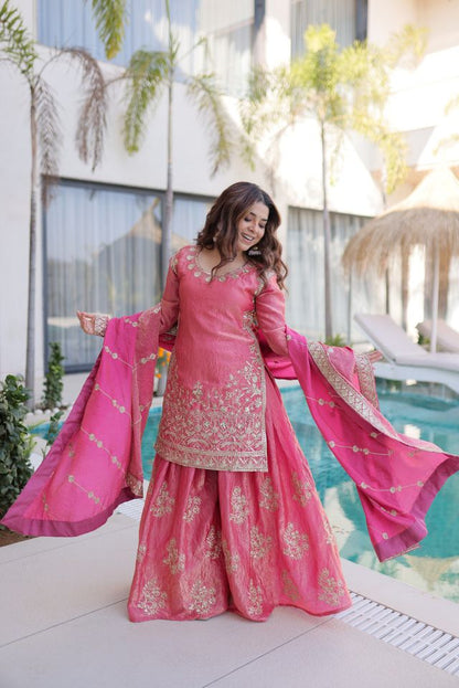 Pink Color Fendy Crush Fabric Classy Sequins Embroidered Partywear Readymade Suit With Dupatta