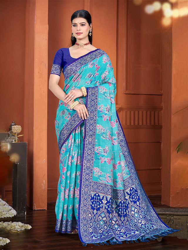 Blue Color Cotton Silk Fabric Woven Meenakari Designer Ethnic Saree
