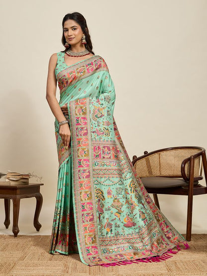 Sea Green Color Beautiful Silk Blended Meenakari Designer Ethnic Partywear Saree
