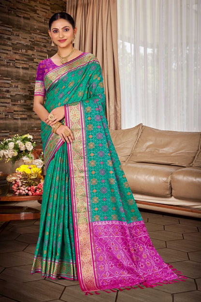 Rama Color Ethnic Patola Silk Fabric Beautiful Festive Saree