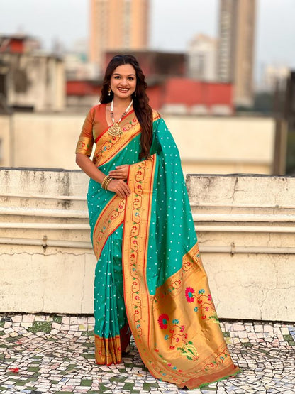 Sea Green Color Beautiful Soft Silk Woven Designer Partywear Saree