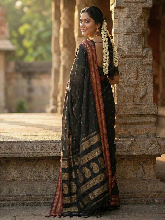 Black Color Soft Silk Fabric Woven Jari Designer Ethnic Party Looks Saree