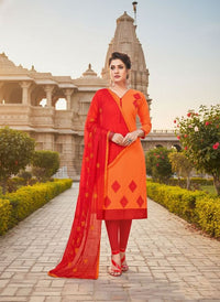 Orange Color Cotton Slub Fabric Designer Casual Suit With Embroidery