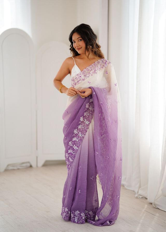 Lavender Color Crunchy Fabric Beautiful Sequins Work Bollywood Style Ceremonial Saree