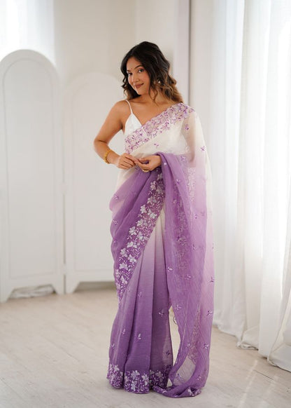 Lavender Color Crunchy Fabric Beautiful Sequins Work Bollywood Style Ceremonial Saree