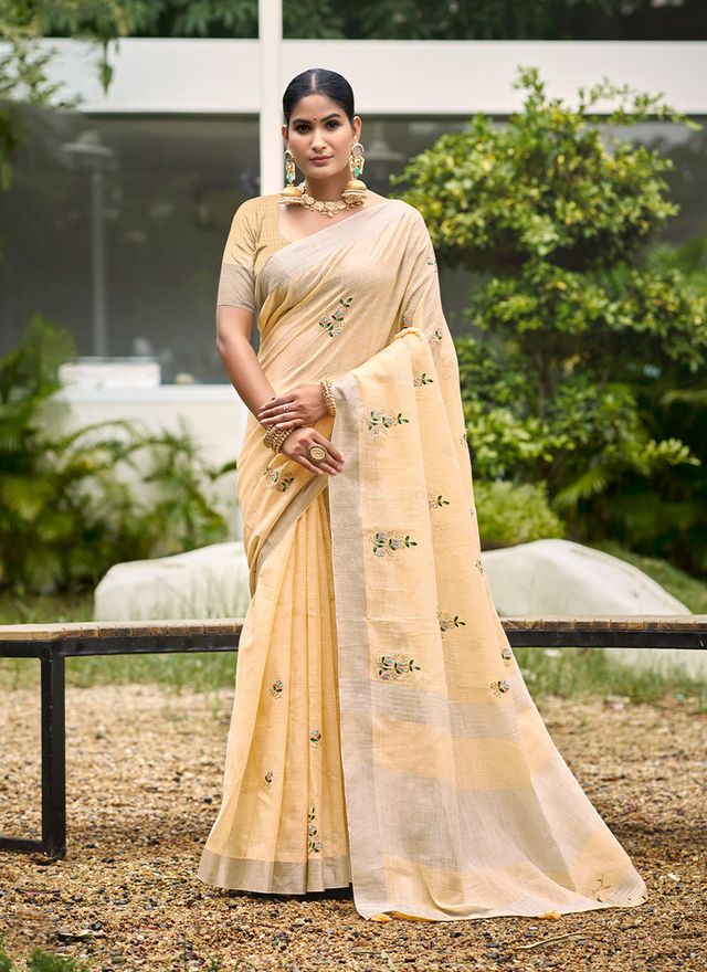 Light Peach Color Beautiful Linen Fabric Sophisticated Ethnic Saree