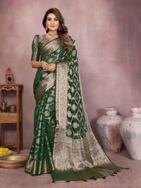 Dark Green Soft Organza Banarasi Silk Saree With Zari Weaving Work