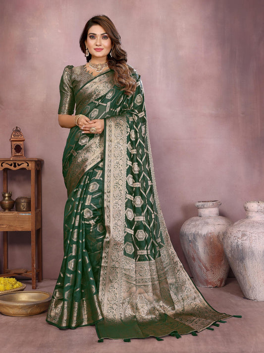 Dark Green Soft Organza Banarasi Silk Saree With Zari Weaving Work