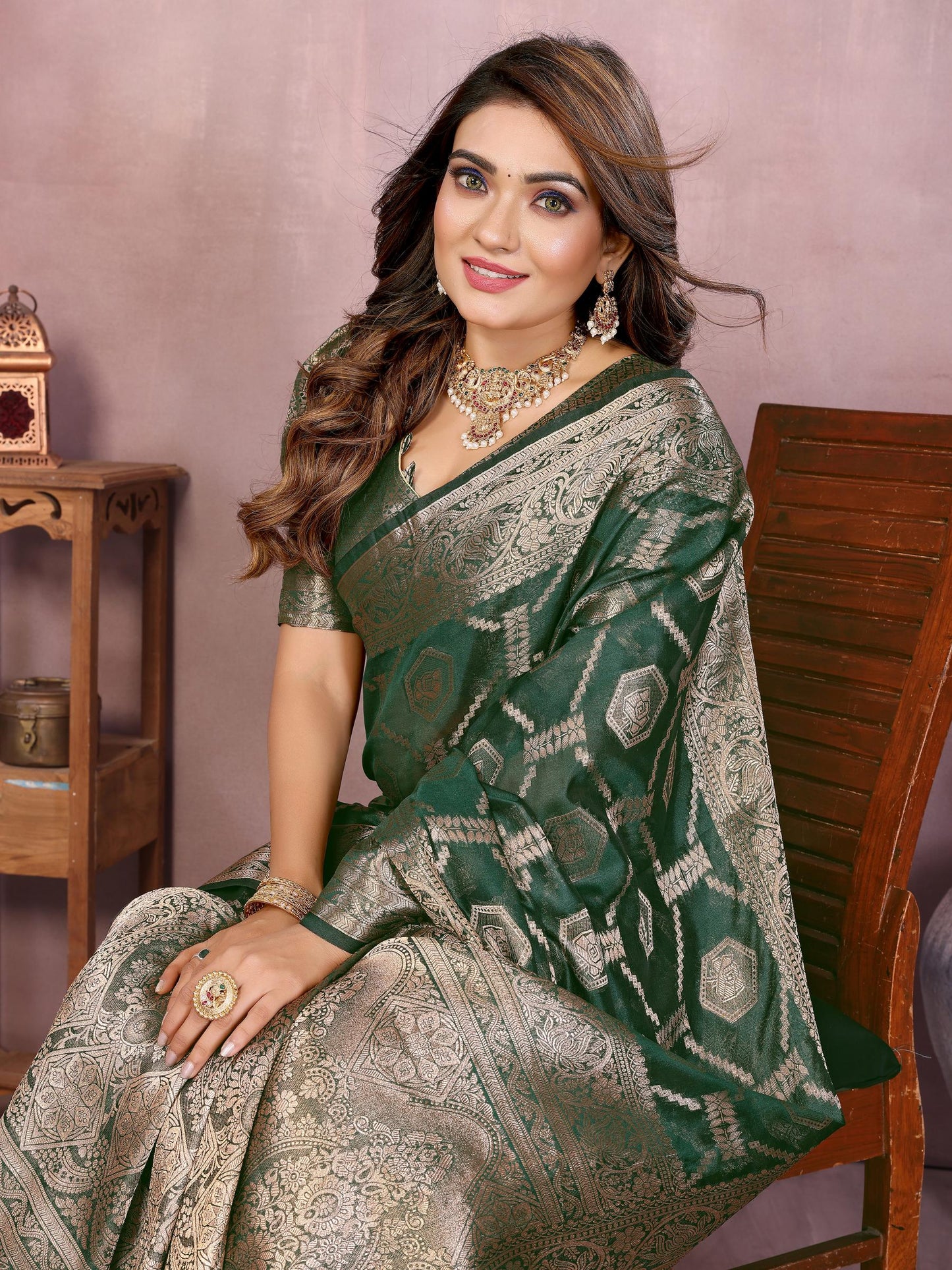 Dark Green Soft Organza Banarasi Silk Saree With Zari Weaving Work