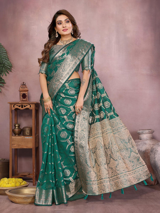 Green Soft Organza Banarasi Silk Saree With Zari Weaving Work