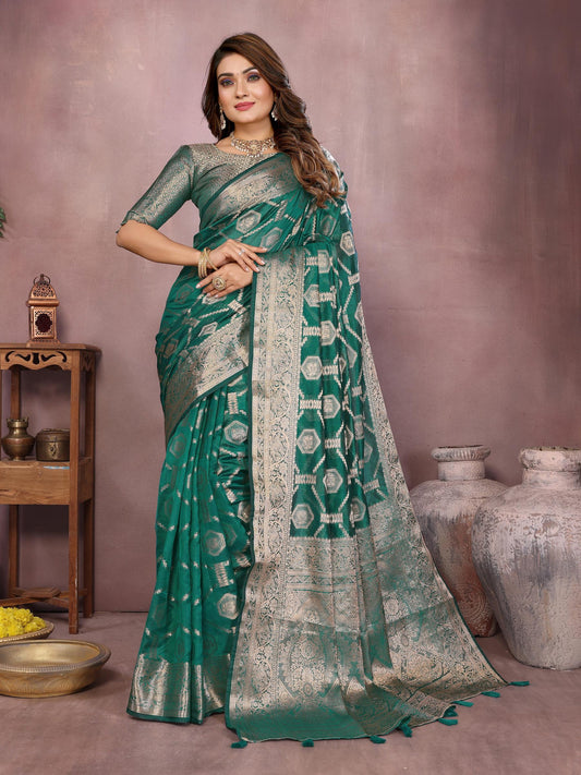 Green Soft Organza Banarasi Silk Saree With Zari Weaving Work