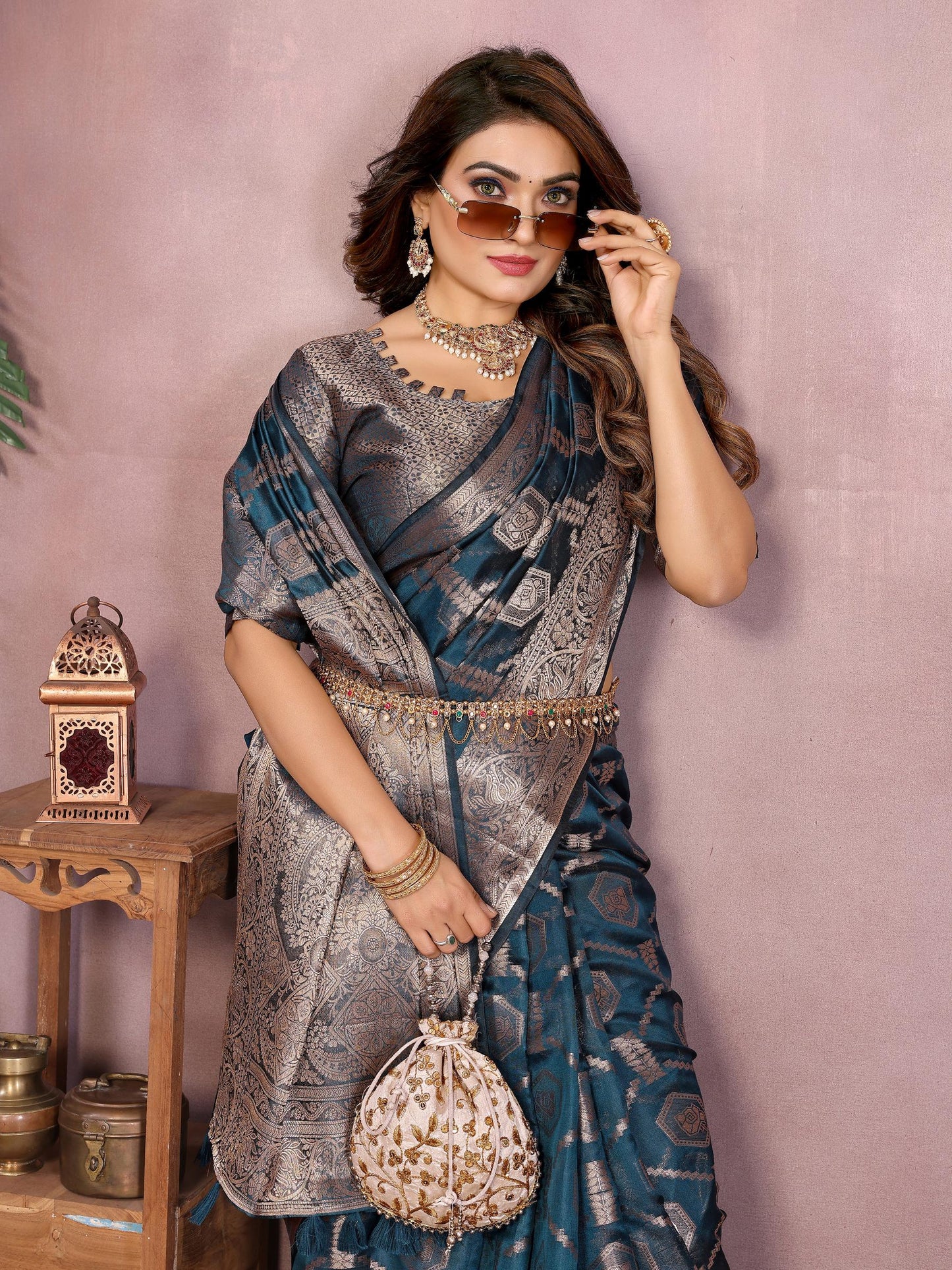 Navy Soft Organza Banarasi Silk Saree With Zari Weaving Work