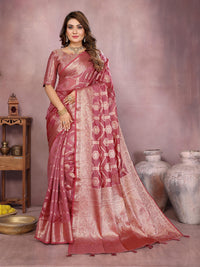 Peach Soft Organza Banarasi Silk Saree With Zari Weaving Work