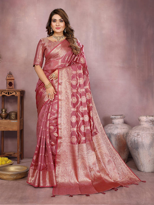 Peach Soft Organza Banarasi Silk Saree With Zari Weaving Work