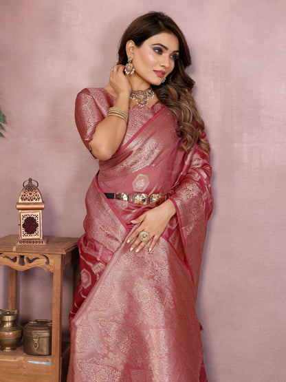 Peach Soft Organza Banarasi Silk Saree With Zari Weaving Work