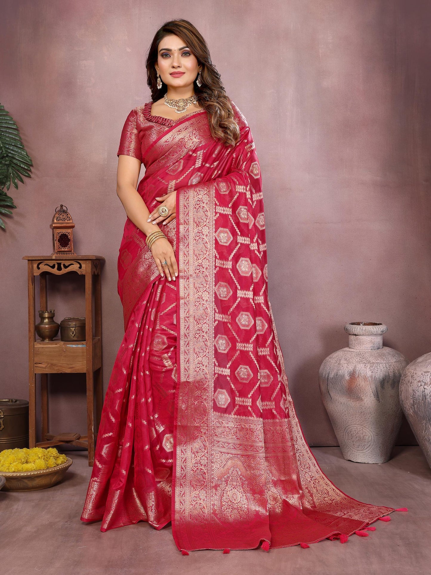 Red Soft Organza Banarasi Silk Saree With Zari Weaving Work