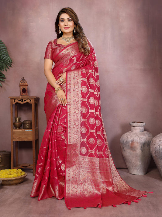 Red Soft Organza Banarasi Silk Saree With Zari Weaving Work