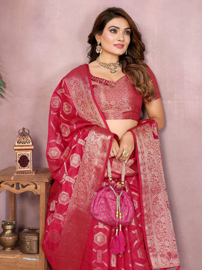 Red Soft Organza Banarasi Silk Saree With Zari Weaving Work