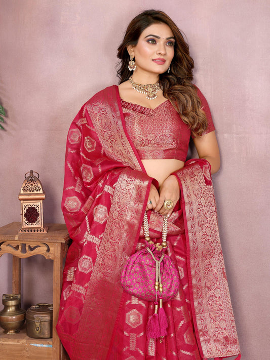 Red Soft Organza Banarasi Silk Saree With Zari Weaving Work