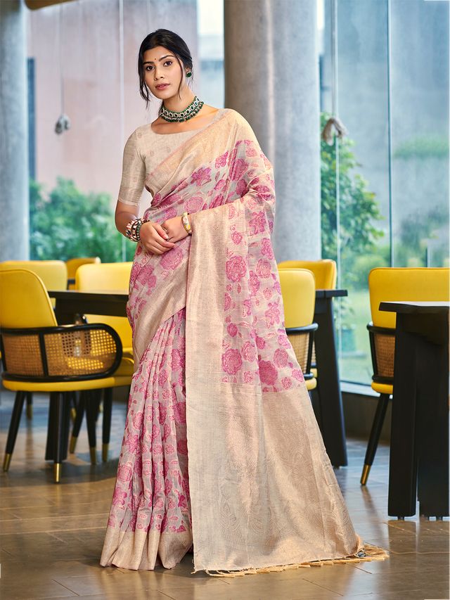 Pink Color Cotton Silk Fabric Woven Designer Ceremonial Saree