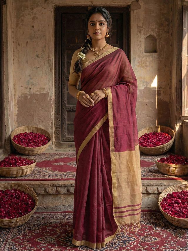 Wine Color Stylish Cotton Woven Designer Partywear Saree