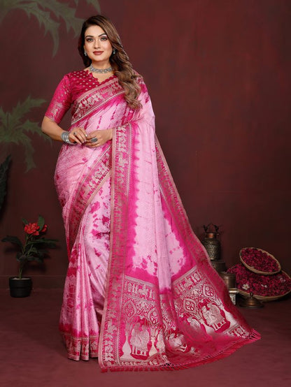 Pink Color Satin Silk Fabric Saree For Ethnic Indian Looks