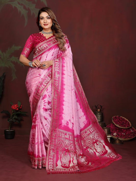 Pink Color Satin Silk Fabric Saree For Ethnic Indian Looks