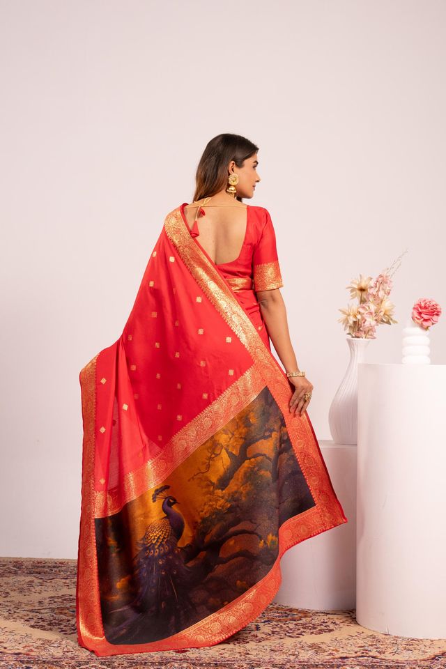 Red Color Banarasi Silk Saree For Festive Ethnic Saree