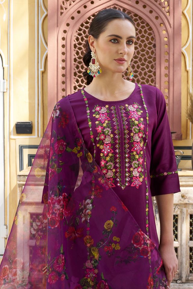 Purple Color Viscose Rayon Fabric Smart Embroidered Girlie Trendy Salwar Suit