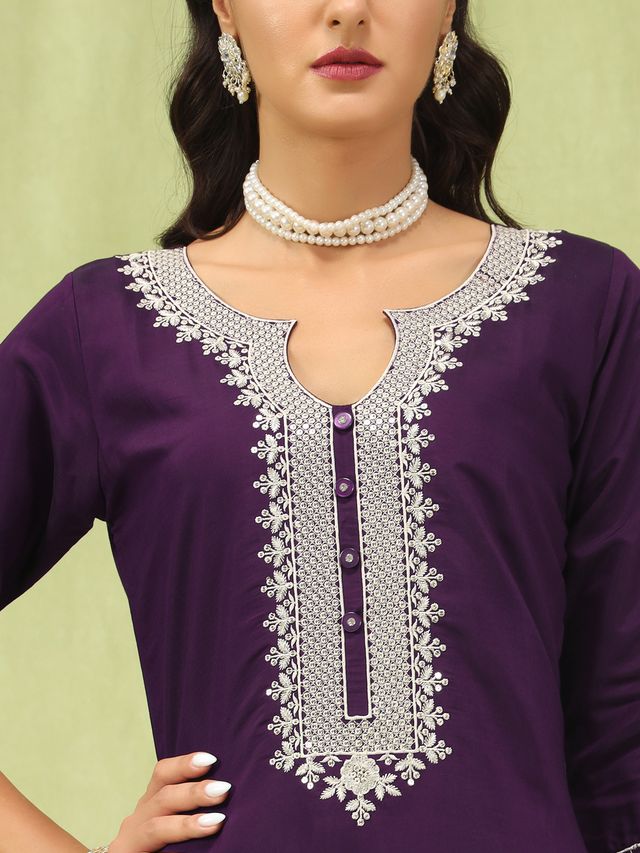 Purple Color Viscose Roman Silk Fabric Designer Embroidery Work Sophisticated Girlie Salwar Kameez