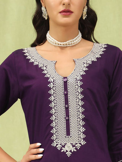 Purple Color Viscose Roman Silk Fabric Designer Embroidery Work Sophisticated Girlie Salwar Kameez