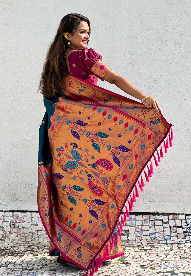 Teal Color Soft Silk Fabric Woven Meenakari Designer Ethnic Partywear Saree