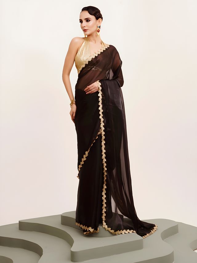 Black Color Jimmy Choo Fabric Saree With Sequance Codding Lace Border Ethnic Girlie Saree