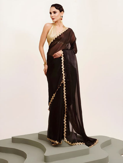 Black Color Jimmy Choo Fabric Saree With Sequance Codding Lace Border Ethnic Girlie Saree
