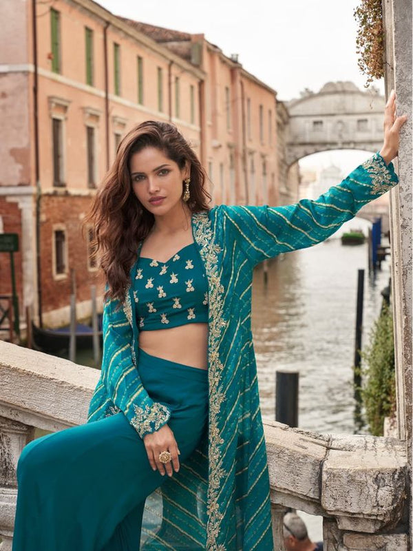 Blue Chinon Silk Indowestern Crop Top, Skirt And Shrug Set Free Size Full Stitched Upto 42