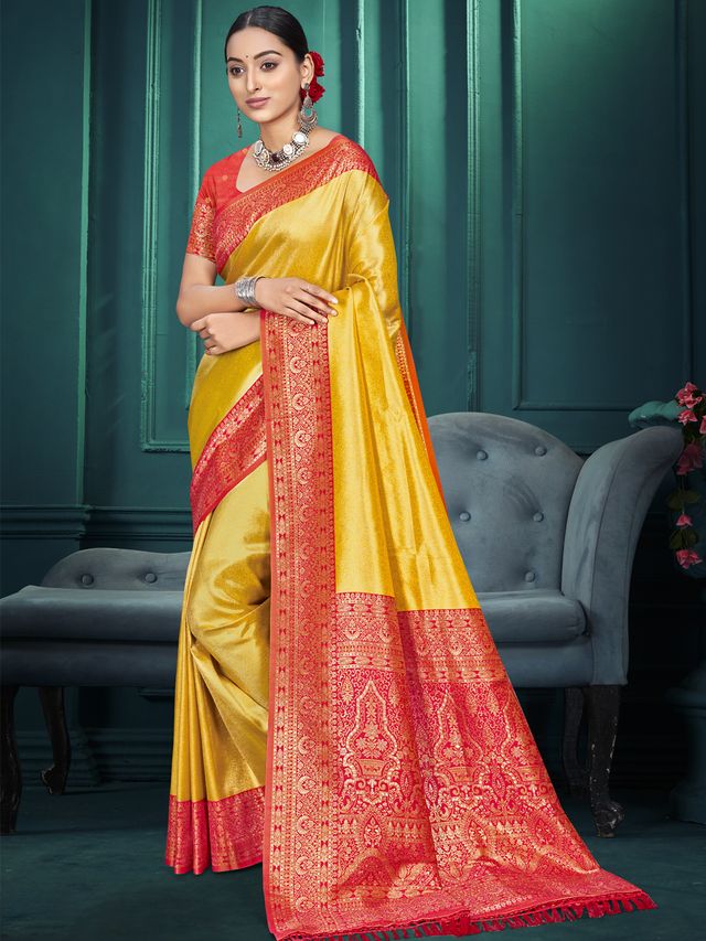 Yellow Color Traditional Kanjivaram Silk Saree With Beautiful Woven Designer