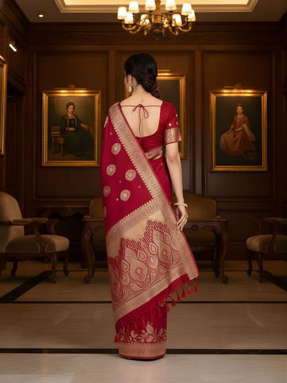 Red Color Ethnic Crepe Silk Fabric Woven Jacquard Designer Ceremonial Saree