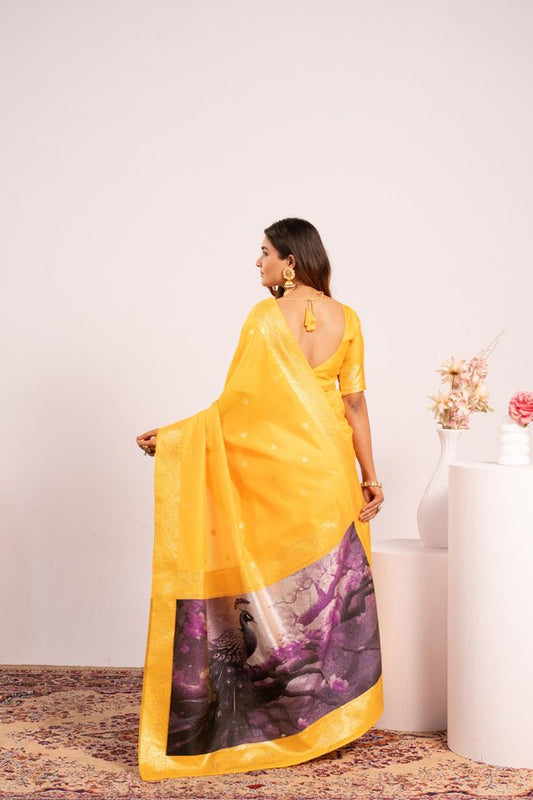Yellow Color Banarasi Silk Saree For Festive Ethnic Saree