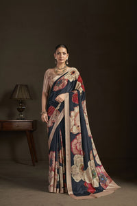 Black Color Stylish Digital Printed Silk Crepe Fabric Saree For Trendy Looks