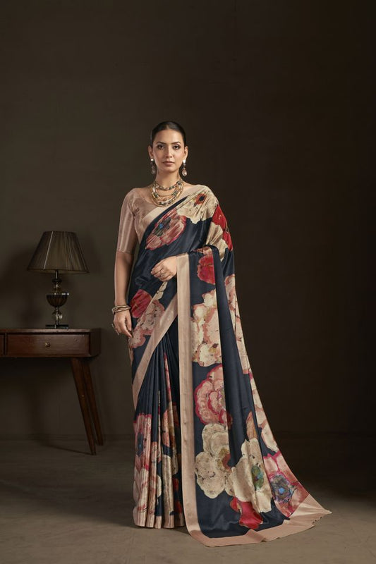 Black Color Stylish Digital Printed Silk Crepe Fabric Saree For Trendy Looks