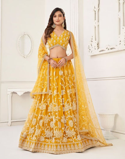 Yellow Embroidery Net A Line Lehenga With Blouse