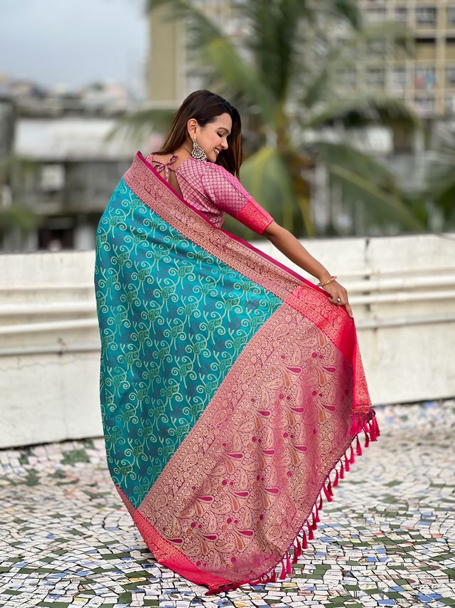 Sea Green Color Patola Silk Fabric Woven Meenakari Designer Saree