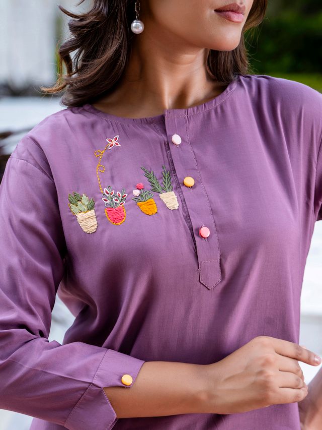 Lavender Color Smart Silk Blend Fabric Designer Hand Work Smart Co-ord Set