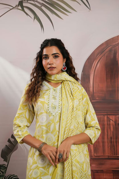 Lemon Color Cotton Fabric Stylish And Trendy Kurta Set For Ethnic Girls