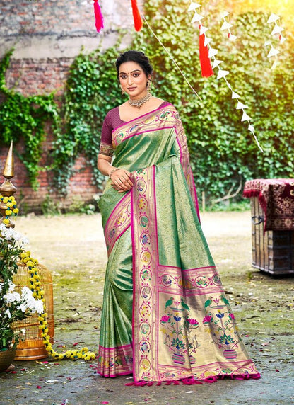 Dark Green Color Silk Blended Woven Designer Ethnic Partywear Saree