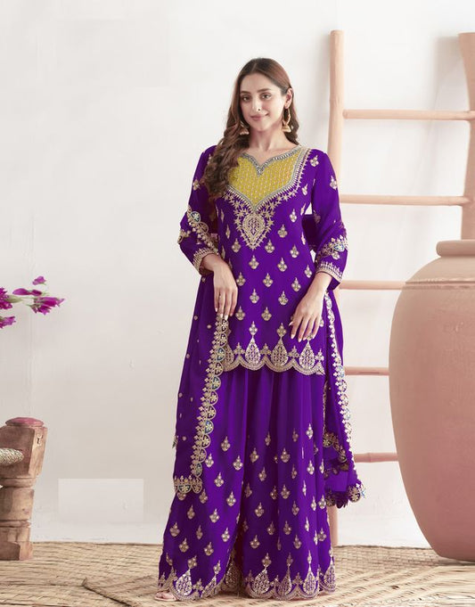 Purple Color Chinon Fabric Designer Embroidered Graceful Palazzo Dress