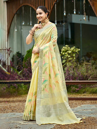 Yellow Color Beautiful Rich Looks Designer Linen Fabric Ceremonial Saree