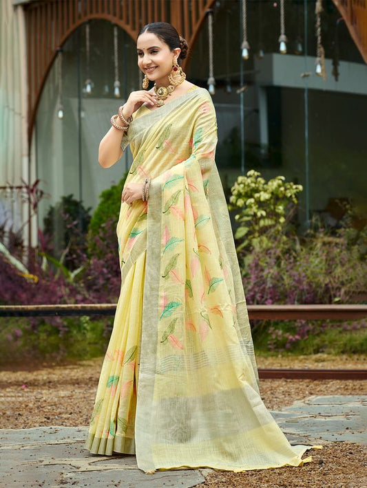 Yellow Color Beautiful Rich Looks Designer Linen Fabric Ceremonial Saree