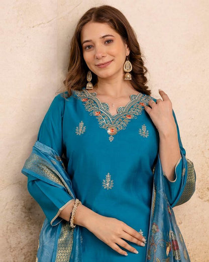 Sky Blue Color Ethnic Silk Blend Fabric Readymade Kurta Set With Dupatta